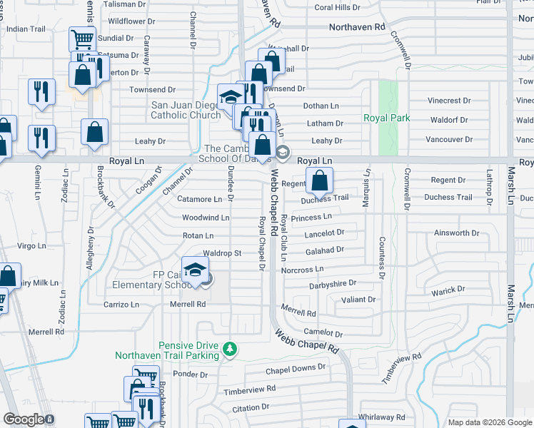 map of restaurants, bars, coffee shops, grocery stores, and more near 3226 Woodwind Lane in Dallas