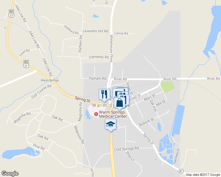 map of restaurants, bars, coffee shops, grocery stores, and more near 30 River Road in Warm Springs