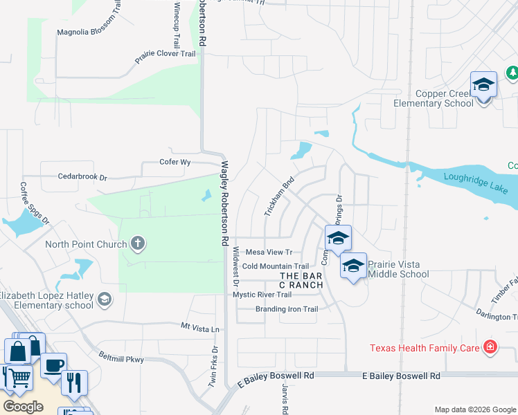 map of restaurants, bars, coffee shops, grocery stores, and more near 8400 Wagley Robertson Road in Fort Worth