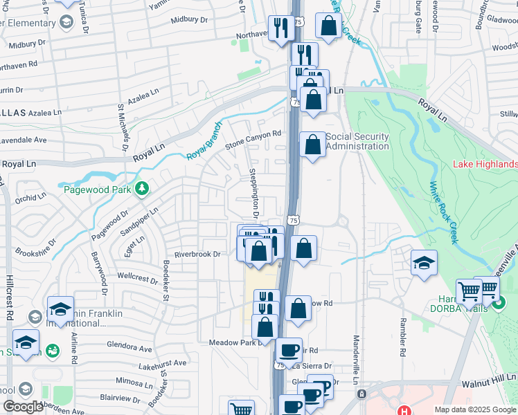 map of restaurants, bars, coffee shops, grocery stores, and more near 10650 Steppington Drive in Dallas