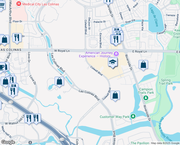 map of restaurants, bars, coffee shops, grocery stores, and more near 6201 Colwell Boulevard in Irving