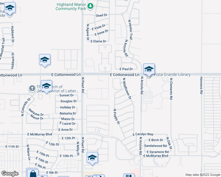 map of restaurants, bars, coffee shops, grocery stores, and more near 1538 North Desert Willow Street in Casa Grande