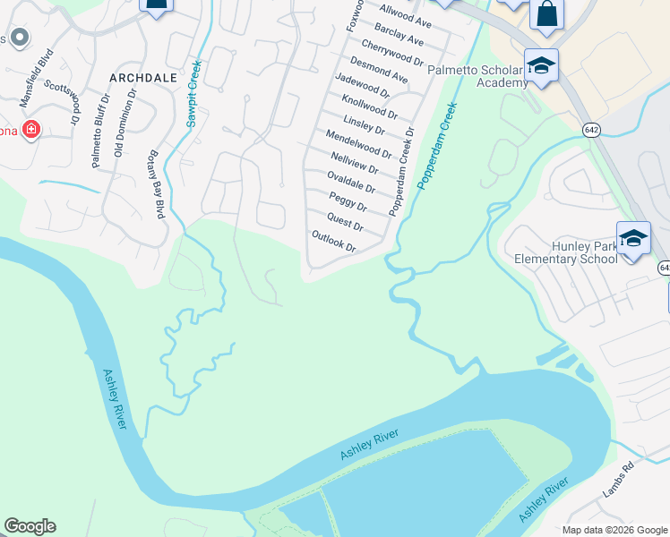 map of restaurants, bars, coffee shops, grocery stores, and more near 5059 Popperdam Creek Drive in North Charleston