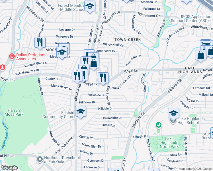 map of restaurants, bars, coffee shops, grocery stores, and more near 9602 Windy Terrace Drive in Dallas