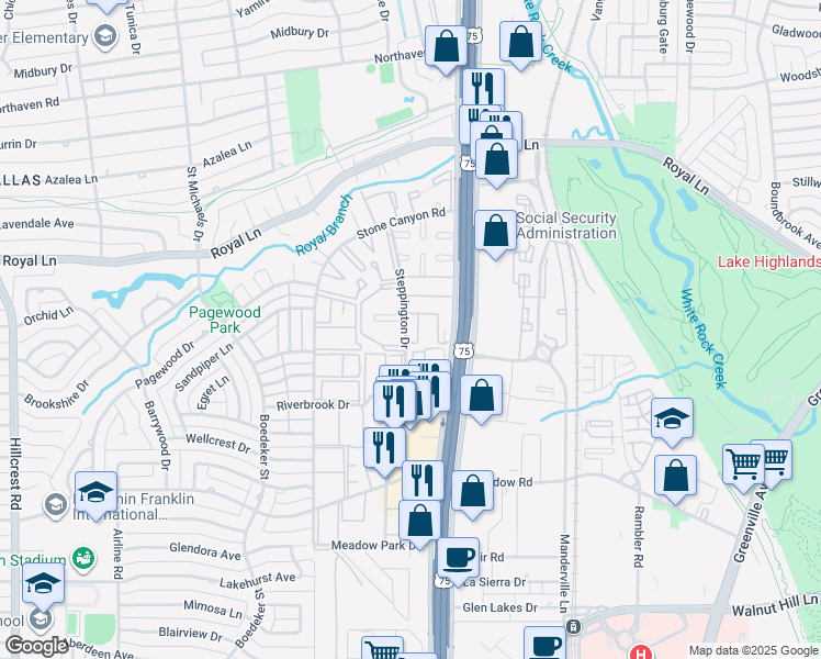 map of restaurants, bars, coffee shops, grocery stores, and more near 10640 Steppington Drive in Dallas