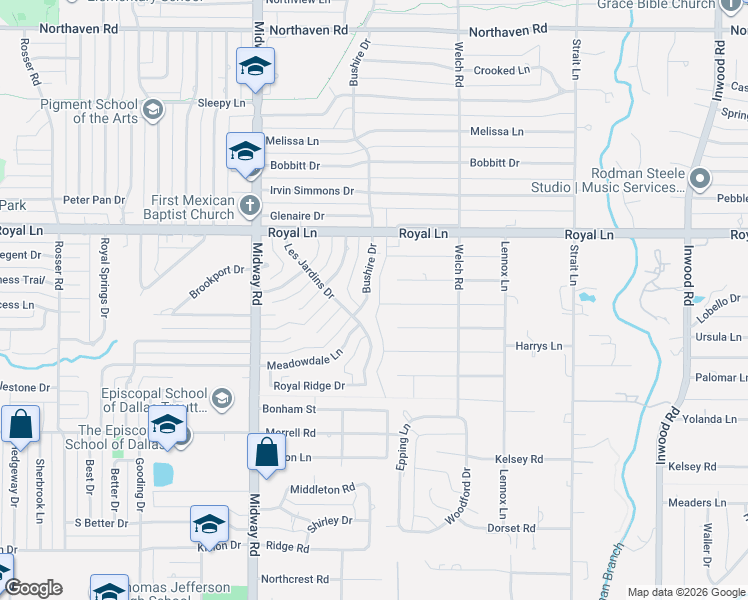 map of restaurants, bars, coffee shops, grocery stores, and more near 10708 Bushire Drive in Dallas