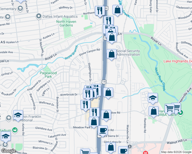 map of restaurants, bars, coffee shops, grocery stores, and more near 10650 Steppington Drive in Dallas