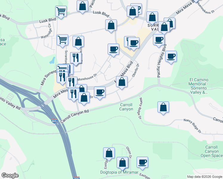 map of restaurants, bars, coffee shops, grocery stores, and more near 5670 Oberlin Drive in San Diego
