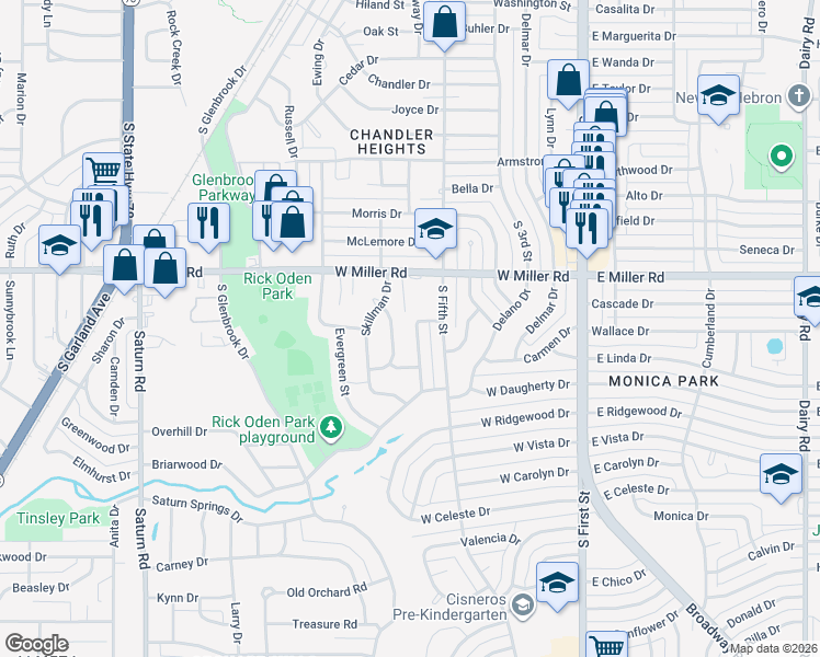 map of restaurants, bars, coffee shops, grocery stores, and more near 2053 Brookhollow Drive in Garland