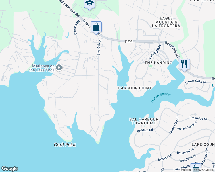 map of restaurants, bars, coffee shops, grocery stores, and more near 9251 Lakeside Court in Fort Worth