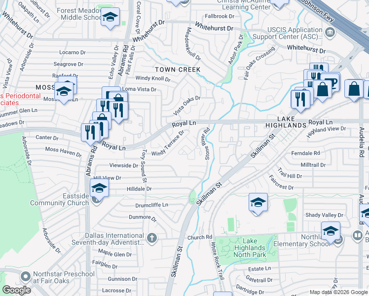 map of restaurants, bars, coffee shops, grocery stores, and more near 8234 Old Moss Road in Dallas