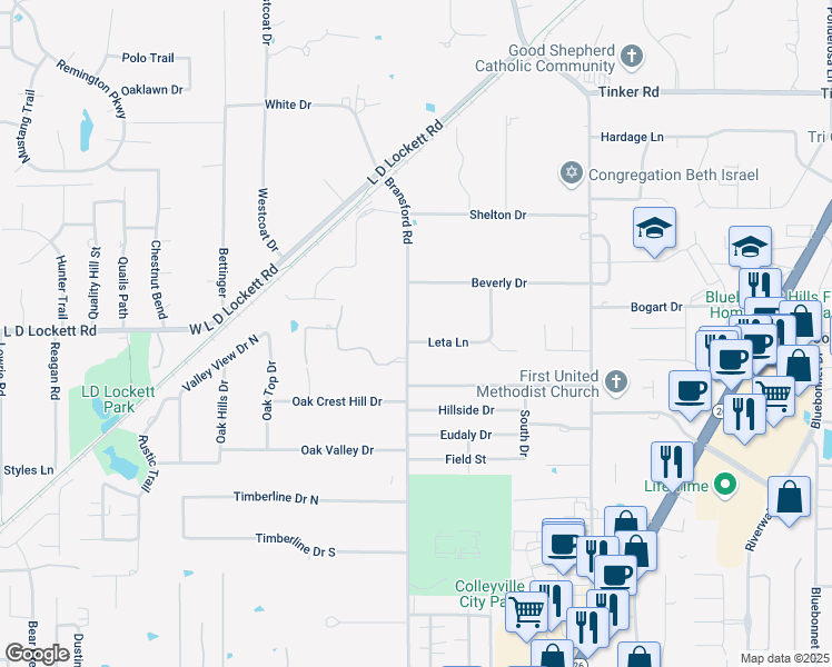map of restaurants, bars, coffee shops, grocery stores, and more near 505 Leta Lane in Colleyville