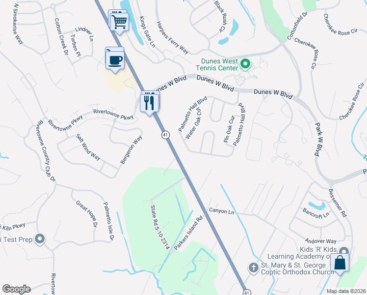 map of restaurants, bars, coffee shops, grocery stores, and more near 2648 Palmetto Hall Boulevard in Mount Pleasant