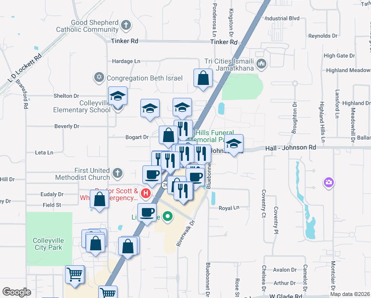 map of restaurants, bars, coffee shops, grocery stores, and more near 8211 Hall - Johnson Road in Colleyville