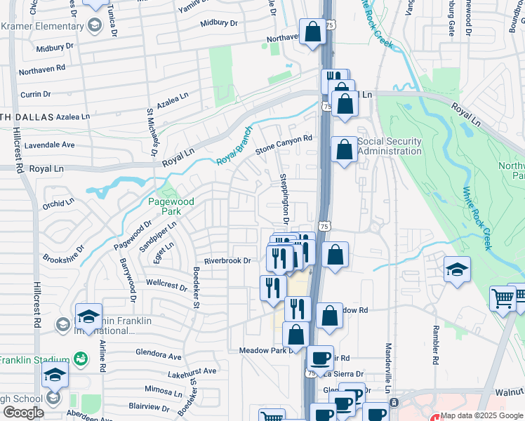 map of restaurants, bars, coffee shops, grocery stores, and more near 10651 Steppington Drive in Dallas