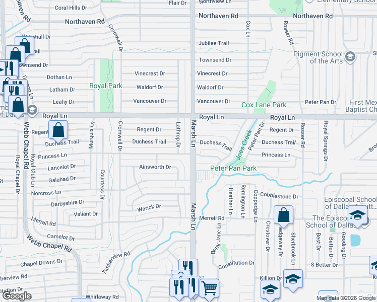 map of restaurants, bars, coffee shops, grocery stores, and more near 10607 Marsh Lane in Dallas