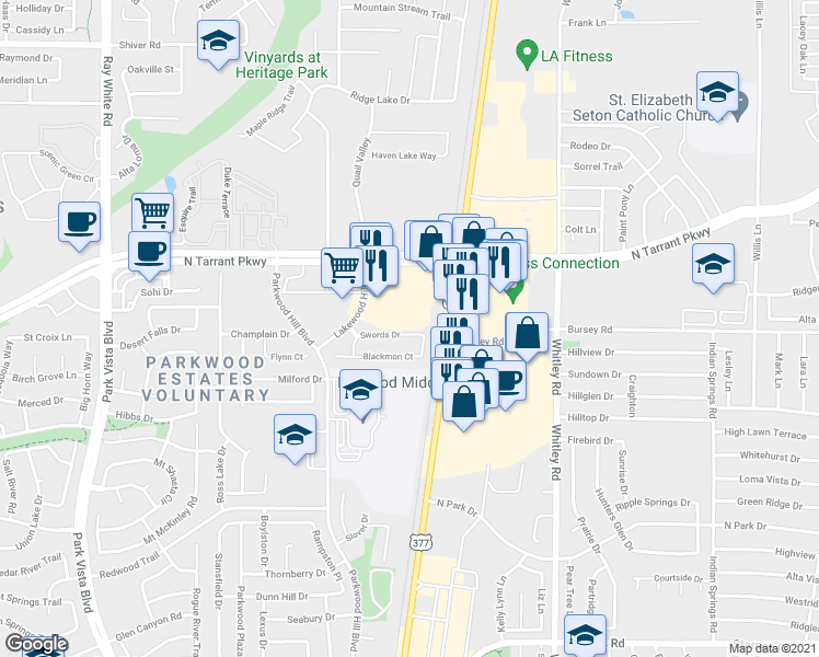 map of restaurants, bars, coffee shops, grocery stores, and more near 5833 Swords Drive in Fort Worth