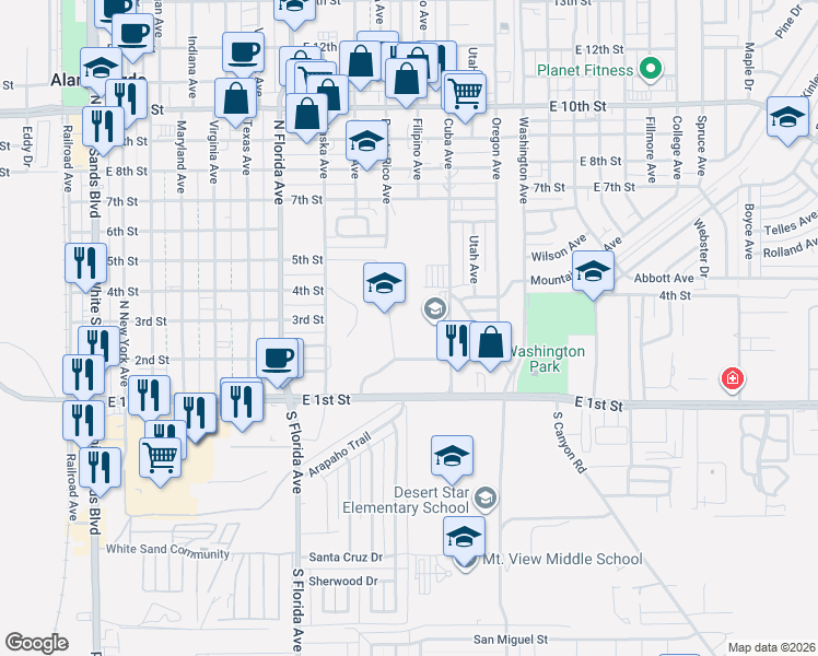 map of restaurants, bars, coffee shops, grocery stores, and more near Tiger Drive in Alamogordo