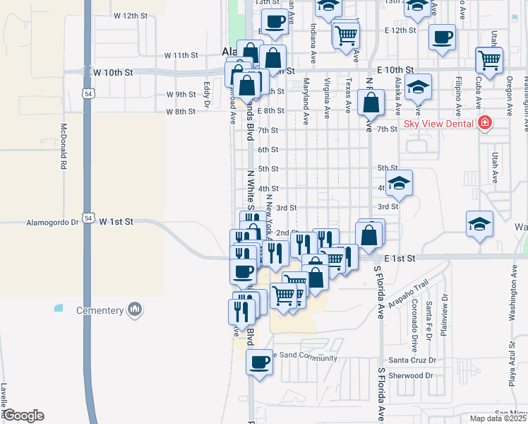 map of restaurants, bars, coffee shops, grocery stores, and more near 210 North White Sands Boulevard in Alamogordo