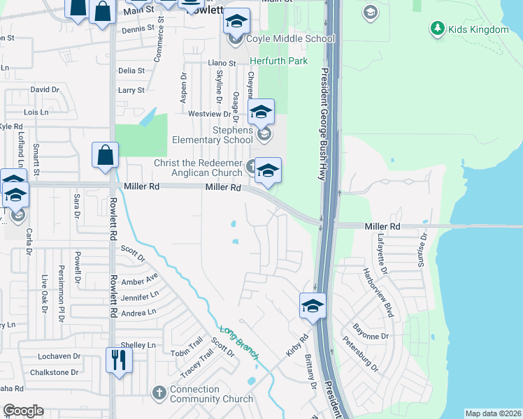 map of restaurants, bars, coffee shops, grocery stores, and more near 3410 Summer Solstice in Rowlett