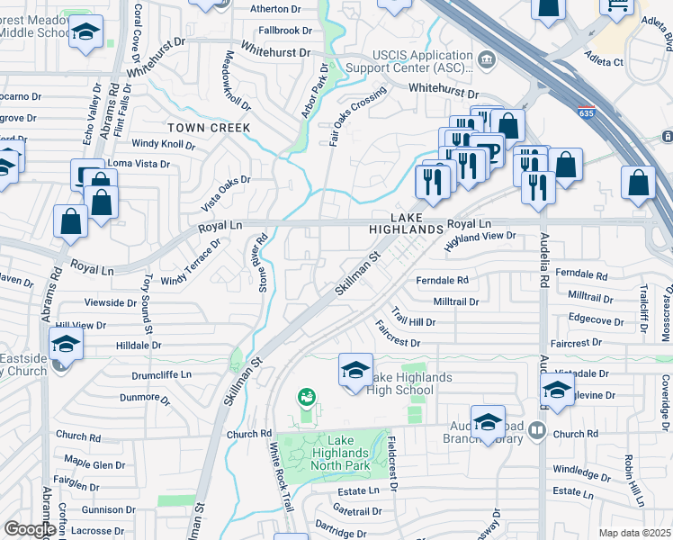 map of restaurants, bars, coffee shops, grocery stores, and more near 8303 Skillman Street in Dallas