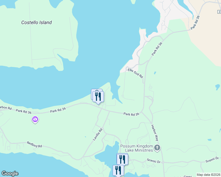 map of restaurants, bars, coffee shops, grocery stores, and more near 3415 Scenic Point Road in Graford