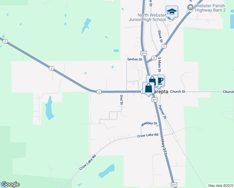 map of restaurants, bars, coffee shops, grocery stores, and more near 134 2nd Street in Sarepta