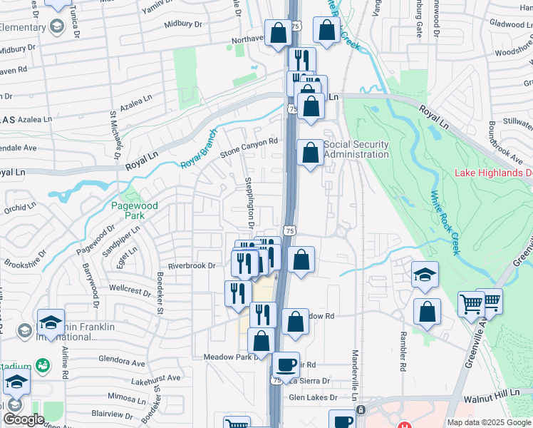 map of restaurants, bars, coffee shops, grocery stores, and more near 10600 Steppington Drive in Dallas