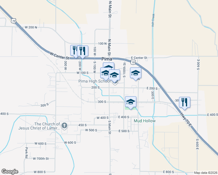 map of restaurants, bars, coffee shops, grocery stores, and more near 199 South Main Street in Pima