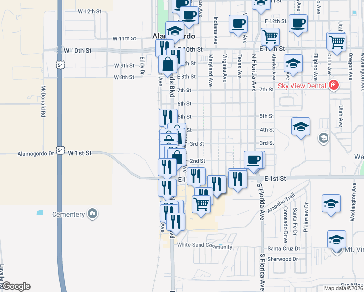 map of restaurants, bars, coffee shops, grocery stores, and more near 210 North White Sands Boulevard in Alamogordo