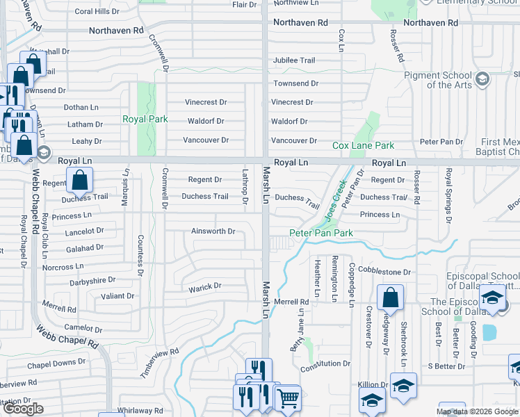 map of restaurants, bars, coffee shops, grocery stores, and more near 10607 Marsh Lane in Dallas