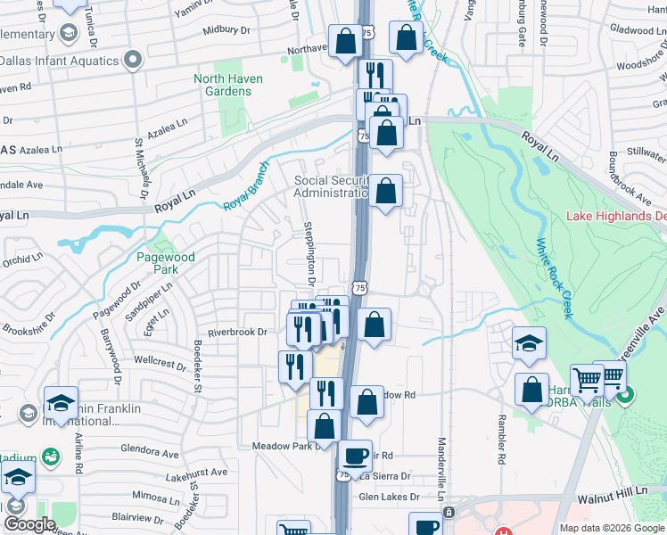 map of restaurants, bars, coffee shops, grocery stores, and more near 10640 Steppington Drive in Dallas