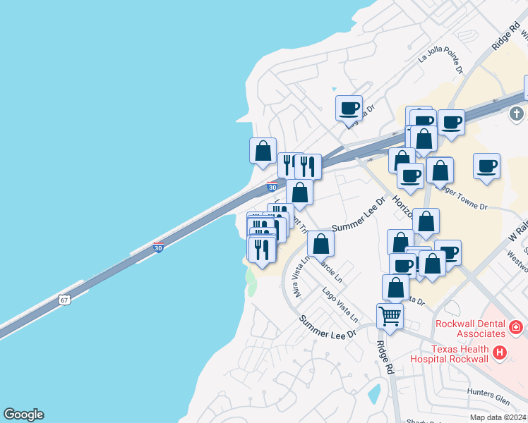 map of restaurants, bars, coffee shops, grocery stores, and more near 295 Interstate 30 in Rockwall