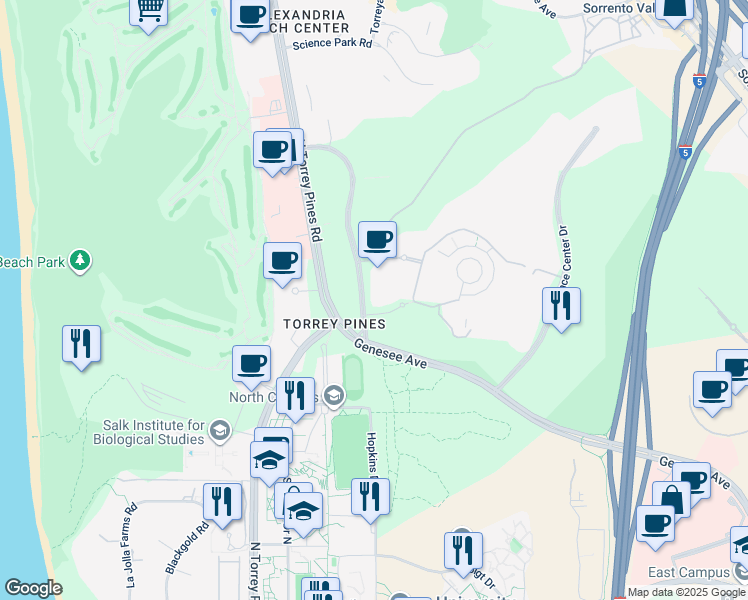 map of restaurants, bars, coffee shops, grocery stores, and more near 3530 John Hopkins Court in San Diego