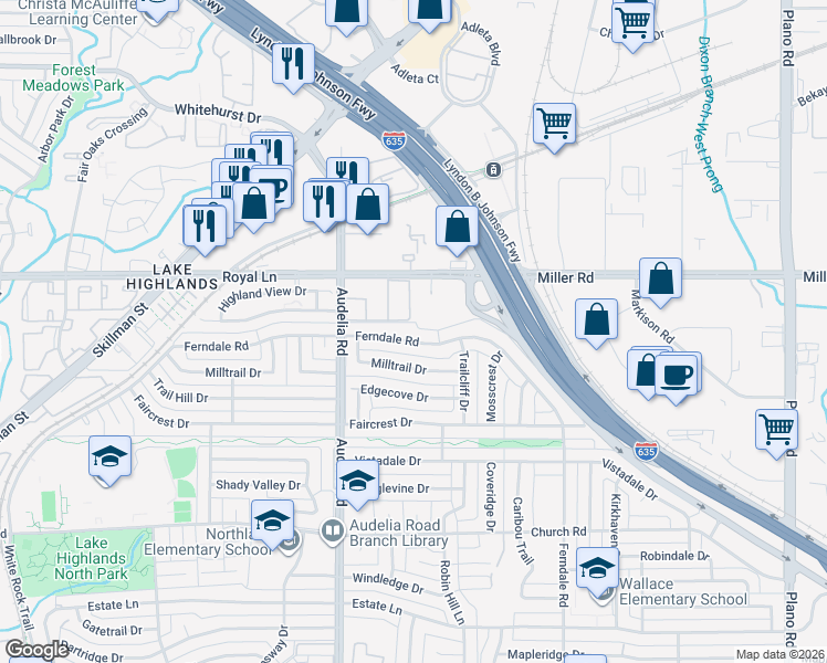 map of restaurants, bars, coffee shops, grocery stores, and more near 10933 Ferndale Road in Dallas