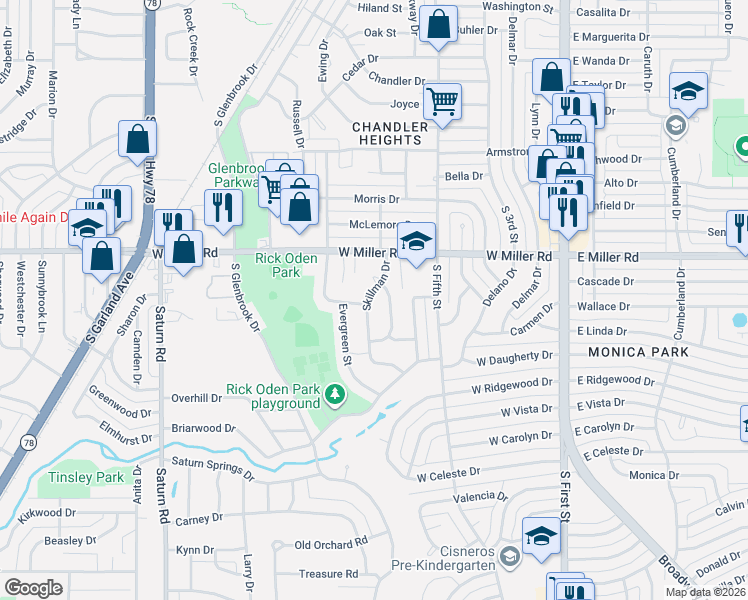 map of restaurants, bars, coffee shops, grocery stores, and more near 2108 Skillman Drive in Garland