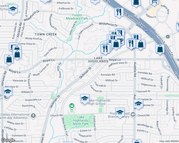 map of restaurants, bars, coffee shops, grocery stores, and more near 8300 Skillman Street in Dallas