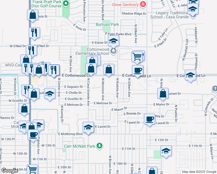 map of restaurants, bars, coffee shops, grocery stores, and more near 1564 North Morrison Avenue in Casa Grande