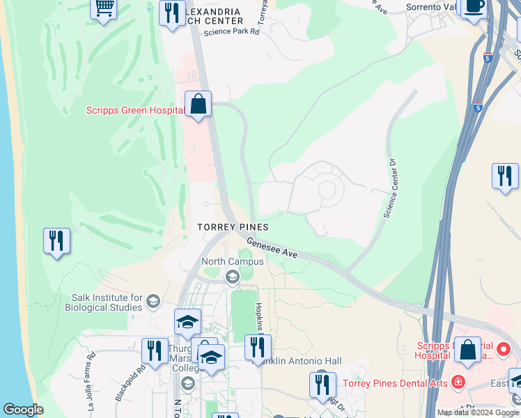 map of restaurants, bars, coffee shops, grocery stores, and more near 3525 General Atomics Court in San Diego