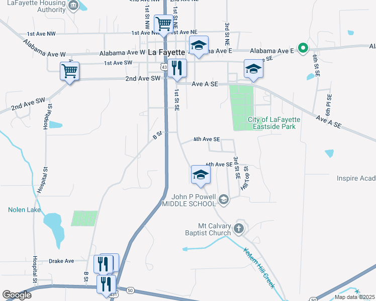 map of restaurants, bars, coffee shops, grocery stores, and more near 405-598 1st Street Southeast in La Fayette