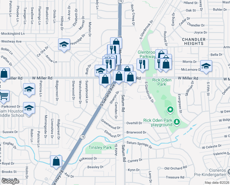 map of restaurants, bars, coffee shops, grocery stores, and more near 2101 Camden Drive in Garland