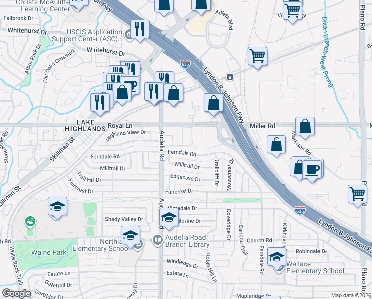 map of restaurants, bars, coffee shops, grocery stores, and more near 10933 Ferndale Road in Dallas