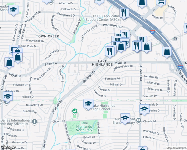 map of restaurants, bars, coffee shops, grocery stores, and more near 8300 Skillman Street in Dallas