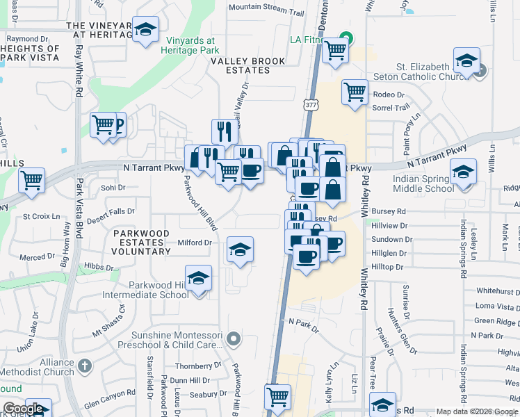 map of restaurants, bars, coffee shops, grocery stores, and more near 5801 Blackmon Court in Fort Worth