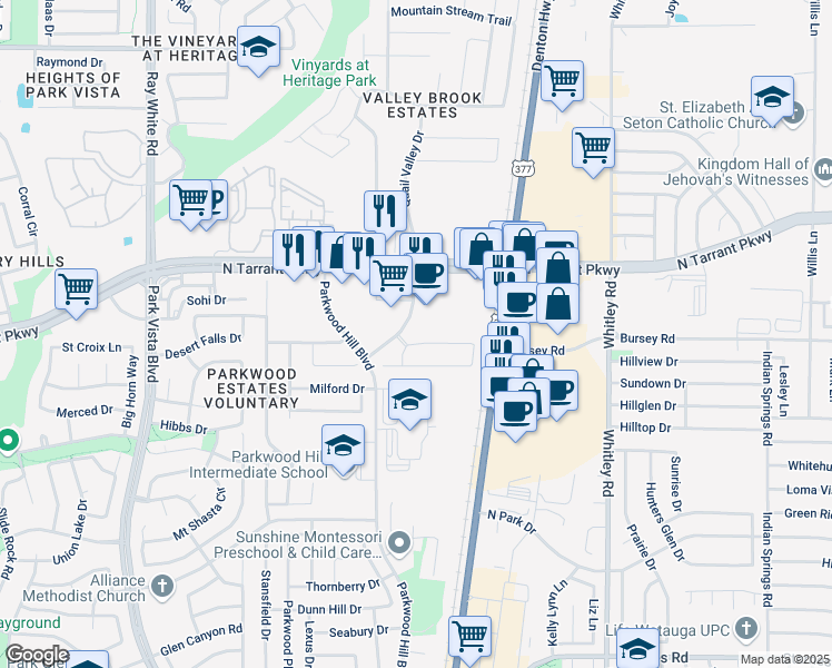 map of restaurants, bars, coffee shops, grocery stores, and more near 5637 Blackmon Court in Fort Worth