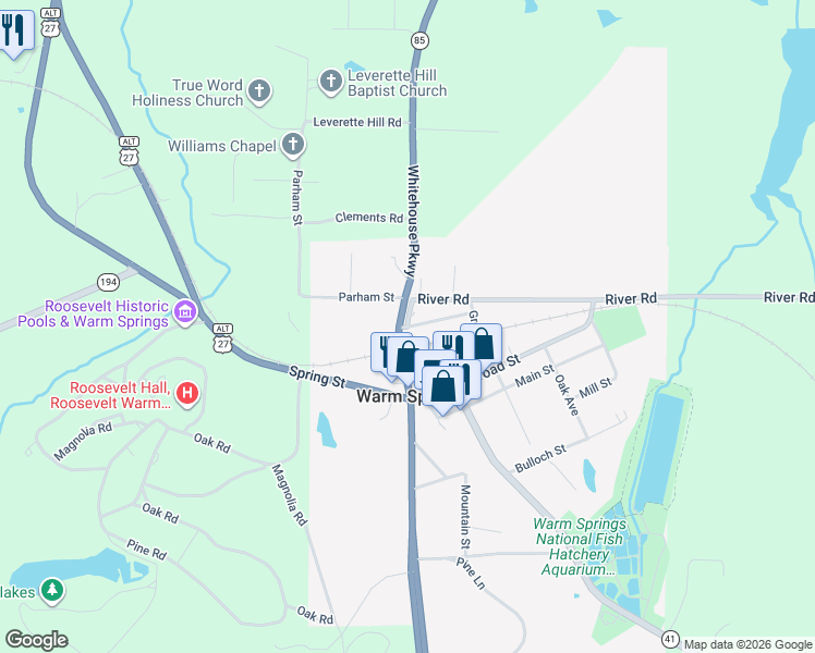 map of restaurants, bars, coffee shops, grocery stores, and more near 30 River Road in Warm Springs