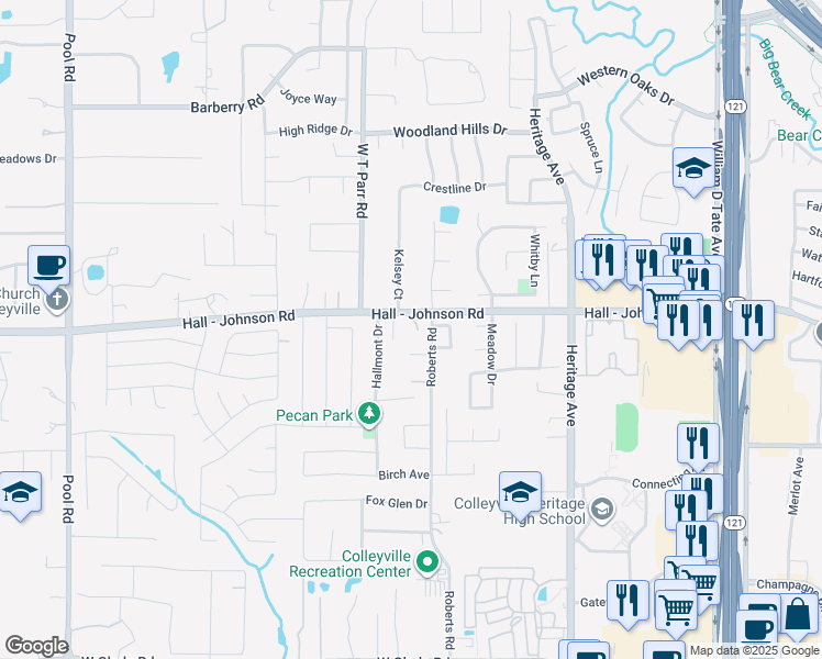 map of restaurants, bars, coffee shops, grocery stores, and more near 3004 Mahan Court in Grapevine