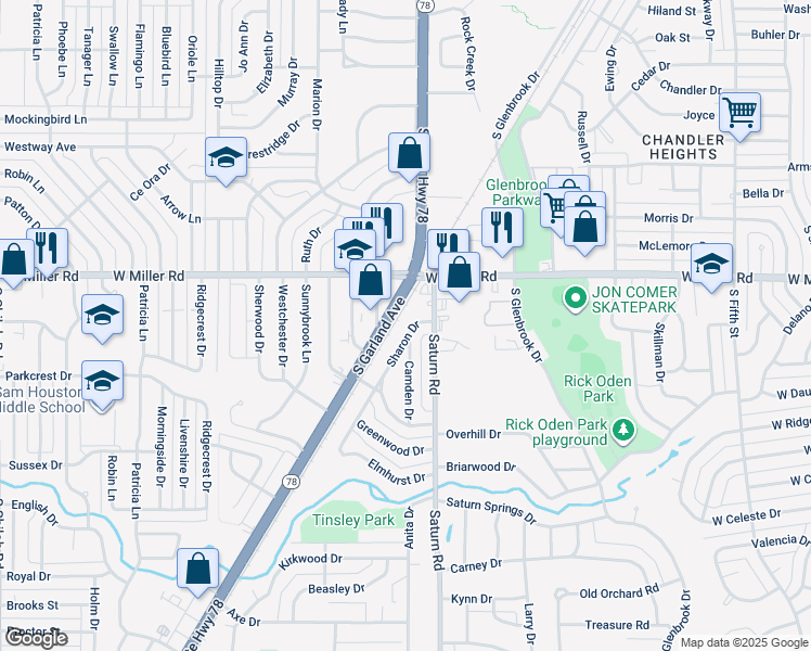map of restaurants, bars, coffee shops, grocery stores, and more near 2101 Camden Drive in Garland