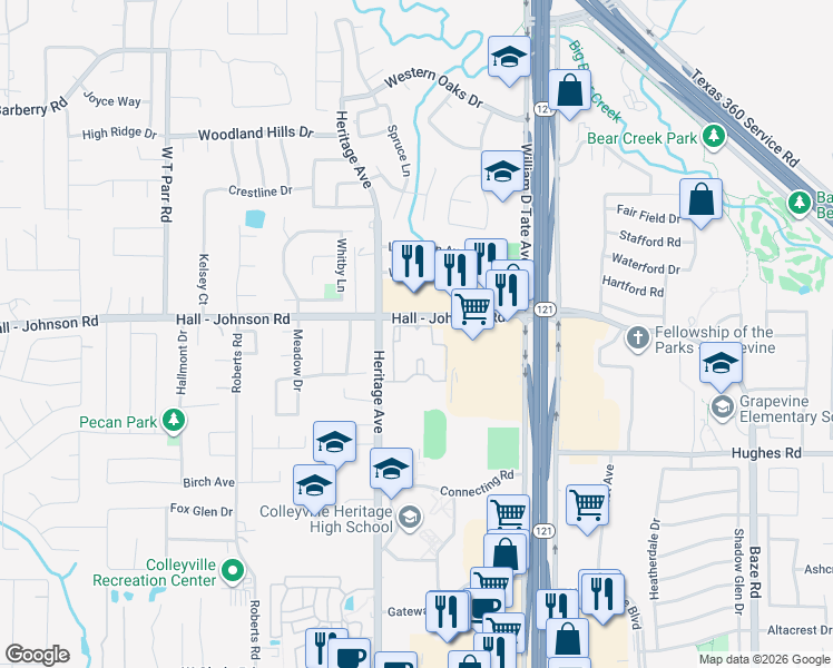 map of restaurants, bars, coffee shops, grocery stores, and more near 2551 Hall - Johnson Road in Grapevine