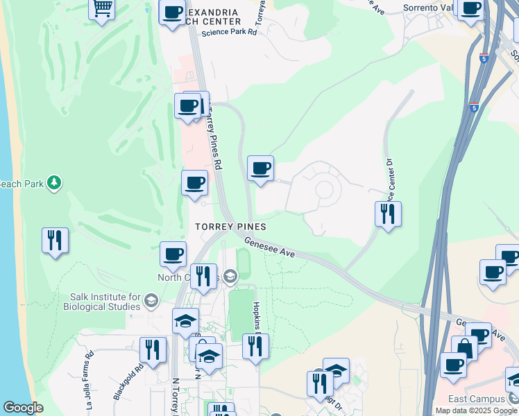 map of restaurants, bars, coffee shops, grocery stores, and more near 3530 John Hopkins Court in San Diego